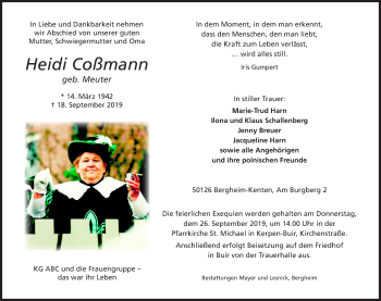 Anzeige von Heidi Coßmann von Kölner Stadt-Anzeiger / Kölnische Rundschau / Express