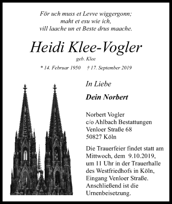 Anzeige von Heidi Klee-Vogler von Kölner Stadt-Anzeiger / Kölnische Rundschau / Express
