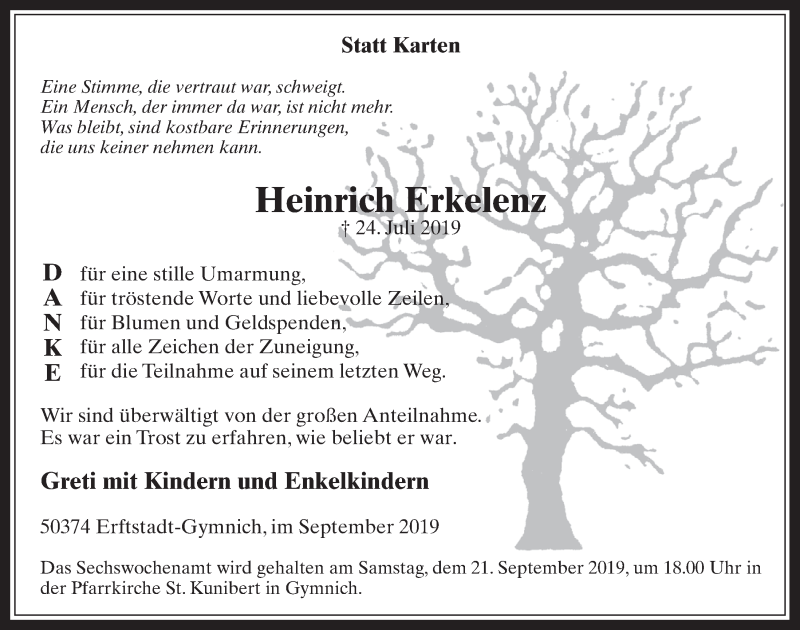  Traueranzeige für Heinrich Erkelenz vom 18.09.2019 aus  Werbepost 