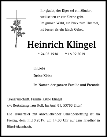 Anzeige von Heinrich Klingel von Kölner Stadt-Anzeiger / Kölnische Rundschau / Express