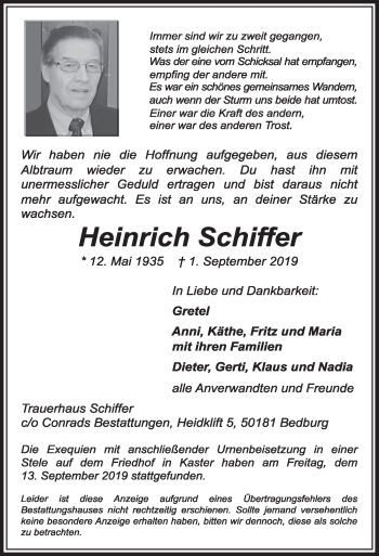 Anzeige von Heinrich Schiffer von  Sonntags-Post 