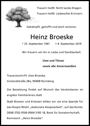 Anzeige von Heinz Broeske von Kölner Stadt-Anzeiger / Kölnische Rundschau / Express