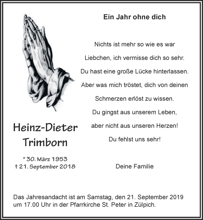  Traueranzeige für Heinz-Dieter Trimborn vom 14.09.2019 aus  Blickpunkt Euskirchen 