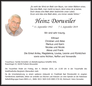 Anzeige von Heinz Dorweiler von  Werbepost 