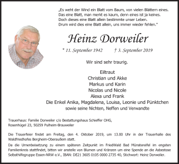 Anzeige von Heinz Dorweiler von Kölner Stadt-Anzeiger / Kölnische Rundschau / Express
