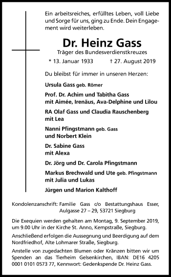 Anzeige von Heinz Gass von Kölner Stadt-Anzeiger / Kölnische Rundschau / Express