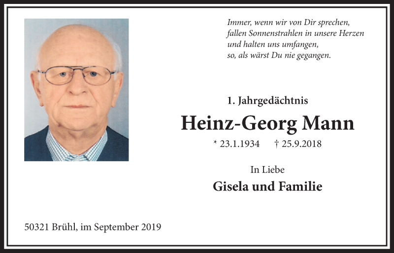  Traueranzeige für Heinz-Georg Mann vom 25.09.2019 aus  Schlossbote/Werbekurier 