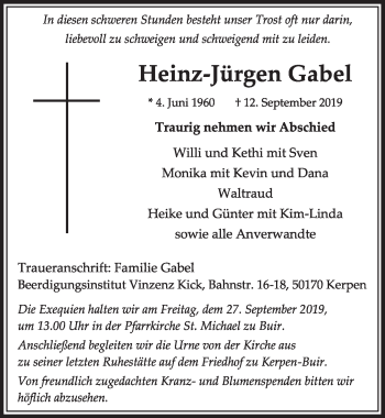 Anzeige von Heinz-Jürgen Gabel von  Sonntags-Post 
