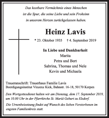 Anzeige von Heinz Lavis von  Sonntags-Post 