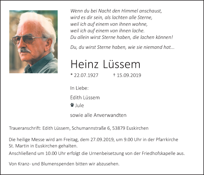  Traueranzeige für Heinz Lüssem vom 21.09.2019 aus  Blickpunkt Euskirchen 