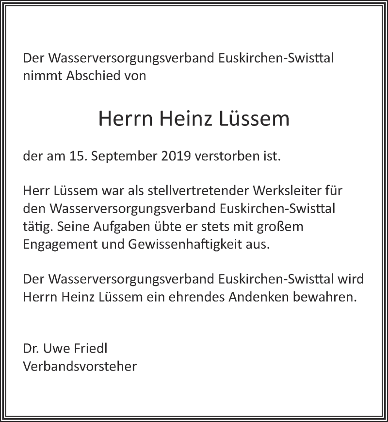  Traueranzeige für Heinz Lüssem vom 28.09.2019 aus  Blickpunkt Euskirchen 