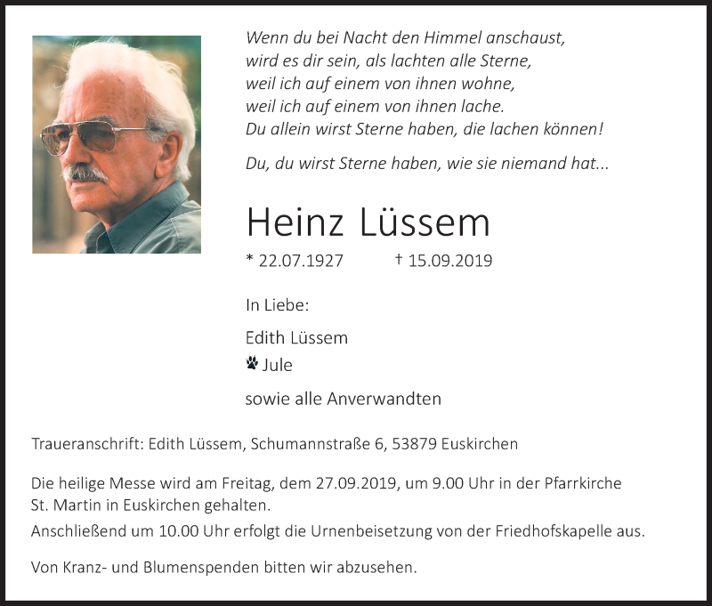  Traueranzeige für Heinz Lüssem vom 21.09.2019 aus Kölner Stadt-Anzeiger / Kölnische Rundschau / Express