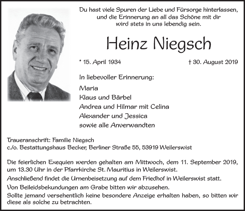  Traueranzeige für Heinz Niegsch vom 07.09.2019 aus  Blickpunkt Euskirchen 