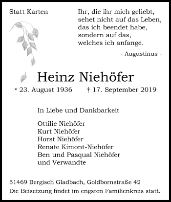 Anzeige von Heinz Niehöfer von Kölner Stadt-Anzeiger / Kölnische Rundschau / Express