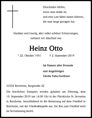 Anzeige von Heinz Otto von Kölner Stadt-Anzeiger / Kölnische Rundschau / Express