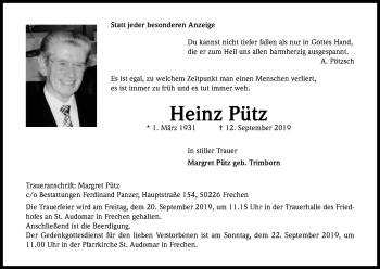 Anzeige von Heinz Pütz von Kölner Stadt-Anzeiger / Kölnische Rundschau / Express