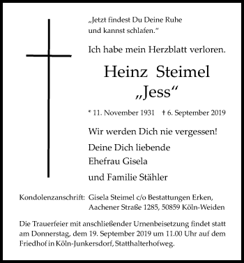 Anzeige von Heinz Steimel von Kölner Stadt-Anzeiger / Kölnische Rundschau / Express