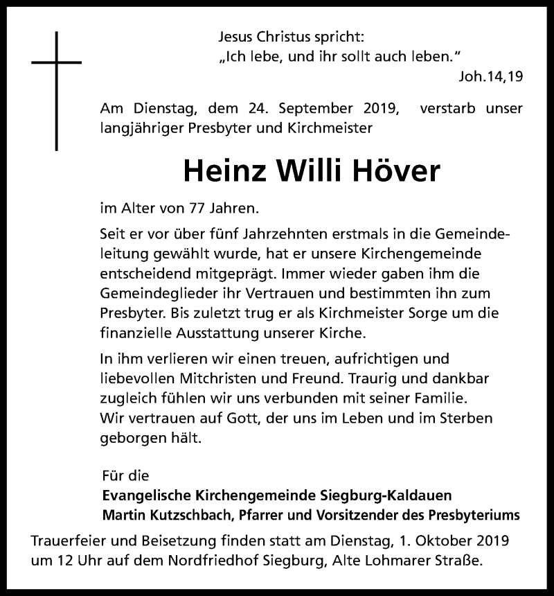 Traueranzeige für Heinz Willi Höver vom 28.09.2019 aus Kölner Stadt-Anzeiger / Kölnische Rundschau / Express