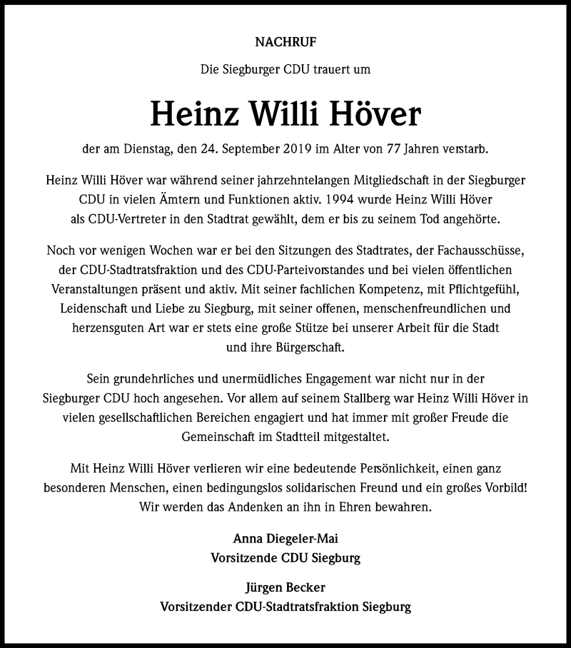  Traueranzeige für Heinz Willi Höver vom 01.10.2019 aus Kölner Stadt-Anzeiger / Kölnische Rundschau / Express
