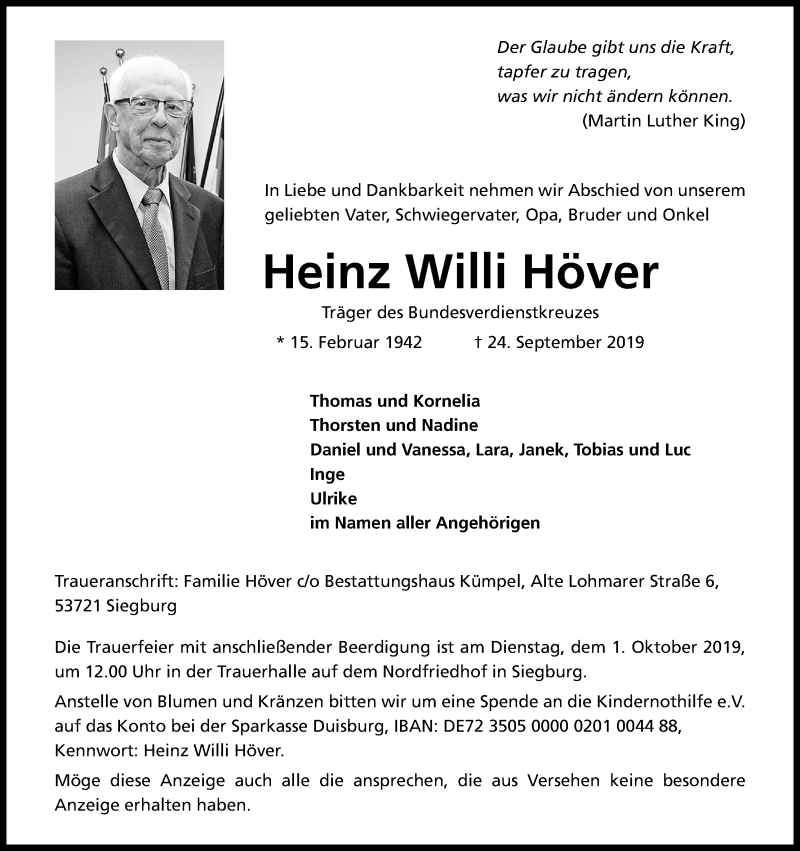  Traueranzeige für Heinz Willi Höver vom 28.09.2019 aus Kölner Stadt-Anzeiger / Kölnische Rundschau / Express