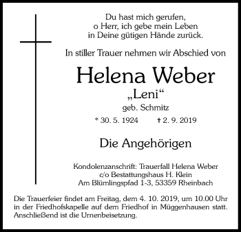 Anzeige von Helena Weber von Kölner Stadt-Anzeiger / Kölnische Rundschau / Express