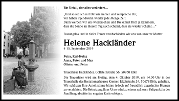 Anzeige von Helene Hackländer von Kölner Stadt-Anzeiger / Kölnische Rundschau / Express