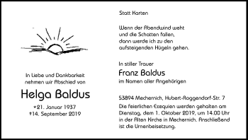 Anzeige von Helga Baldus von Kölner Stadt-Anzeiger / Kölnische Rundschau / Express