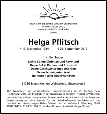 Anzeige von Helga Pflitsch von Kölner Stadt-Anzeiger / Kölnische Rundschau / Express