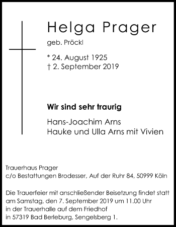 Anzeige von Helga Prager von Kölner Stadt-Anzeiger / Kölnische Rundschau / Express