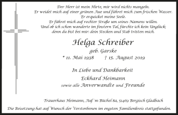 Anzeige von Helga Schreiber von  Bergisches Handelsblatt 