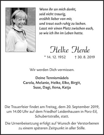 Anzeige von Helke Herde von  Kölner Wochenspiegel 
