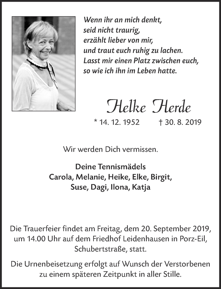  Traueranzeige für Helke Herde vom 11.09.2019 aus  Kölner Wochenspiegel 