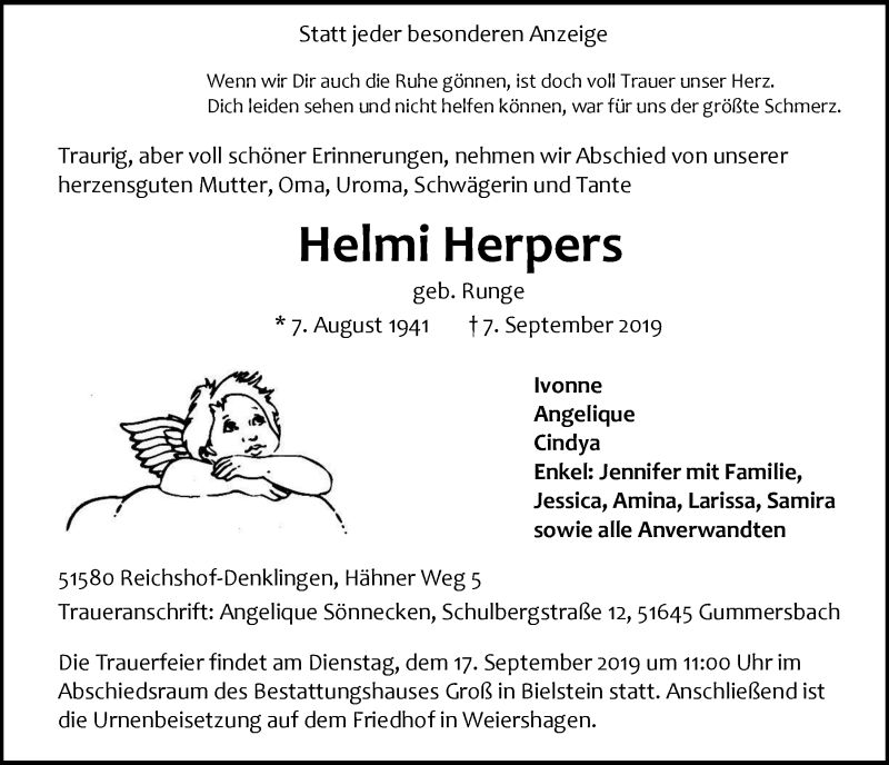  Traueranzeige für Helmi Herpers vom 11.09.2019 aus  Anzeigen Echo 