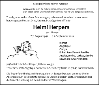 Anzeige von Helmi Herpers von  Anzeigen Echo 