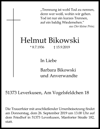 Anzeige von Helmut Bikowski von Kölner Stadt-Anzeiger / Kölnische Rundschau / Express