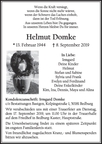Anzeige von Helmut Domke von  Sonntags-Post 