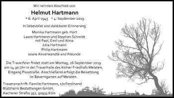 Anzeige von Helmut Hartmann von Kölner Stadt-Anzeiger / Kölnische Rundschau / Express