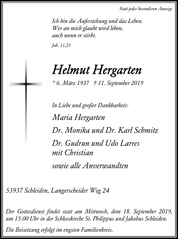 Anzeige von Helmut Hergarten von Kölner Stadt-Anzeiger / Kölnische Rundschau / Express