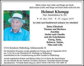 Anzeige von Helmut Klumpp von  Schlossbote/Werbekurier 