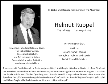 Anzeige von Helmut Ruppel von Kölner Stadt-Anzeiger / Kölnische Rundschau / Express