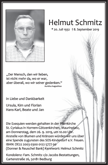 Anzeige von Helmut Schmitz von  Sonntags-Post 