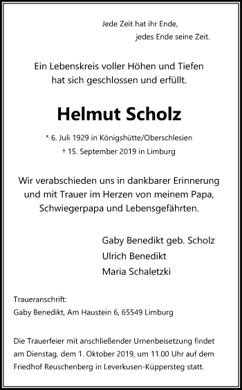 Anzeige von Helmut Scholz von Kölner Stadt-Anzeiger / Kölnische Rundschau / Express