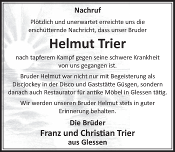 Anzeige von Helmut Trier von  Sonntags-Post 