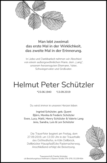 Anzeige von Helmut Peter Schützler von Kölner Stadt-Anzeiger / Kölnische Rundschau / Express