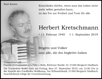 Anzeige von Herbert Kretschmann von Kölner Stadt-Anzeiger / Kölnische Rundschau / Express