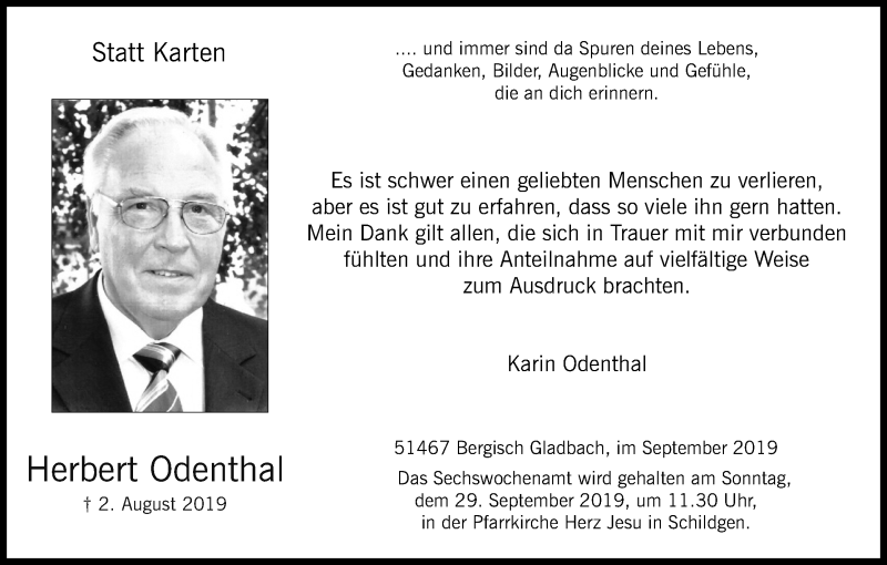  Traueranzeige für Herbert Odenthal vom 14.09.2019 aus Kölner Stadt-Anzeiger / Kölnische Rundschau / Express