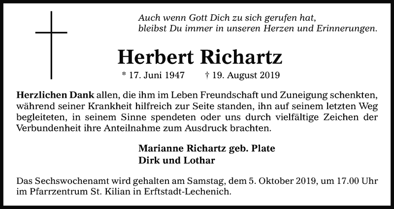  Traueranzeige für Herbert Richartz vom 28.09.2019 aus Kölner Stadt-Anzeiger / Kölnische Rundschau / Express