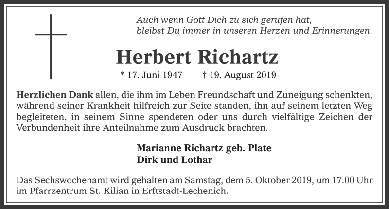  Traueranzeige für Herbert Richartz vom 25.09.2019 aus  Werbepost 