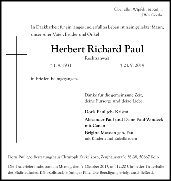 Anzeige von Herbert Richard Paul von Kölner Stadt-Anzeiger / Kölnische Rundschau / Express