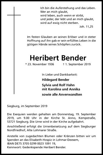 Anzeige von Heribert Bender von Kölner Stadt-Anzeiger / Kölnische Rundschau / Express